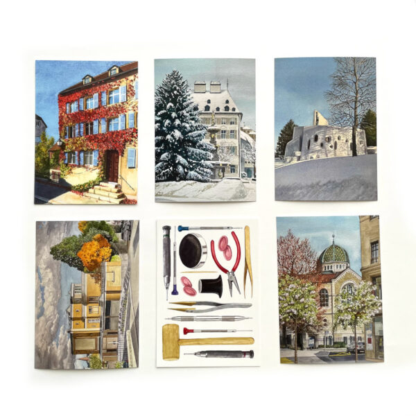 A selection of six postcards featuring views of La Chaux-de-Fonds and horlogerie tools