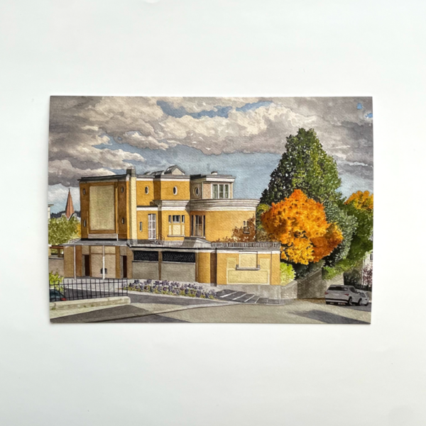 Cutout postcard image of the Villa Turque watercolour image by artist Rebecca Tinguely.