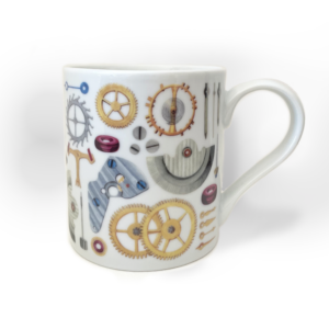 A cutout image of a white mug with straight edges and a curved handle, covered with watercolour images of different watchmaking parts.