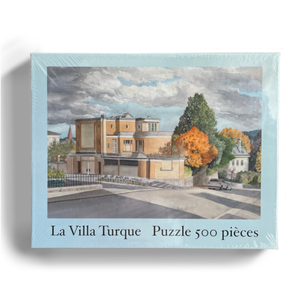 A cutout picture of a light blue box, showing the watercolour image of La Villa Turque, and reading 'Puzzle 500 pieces'