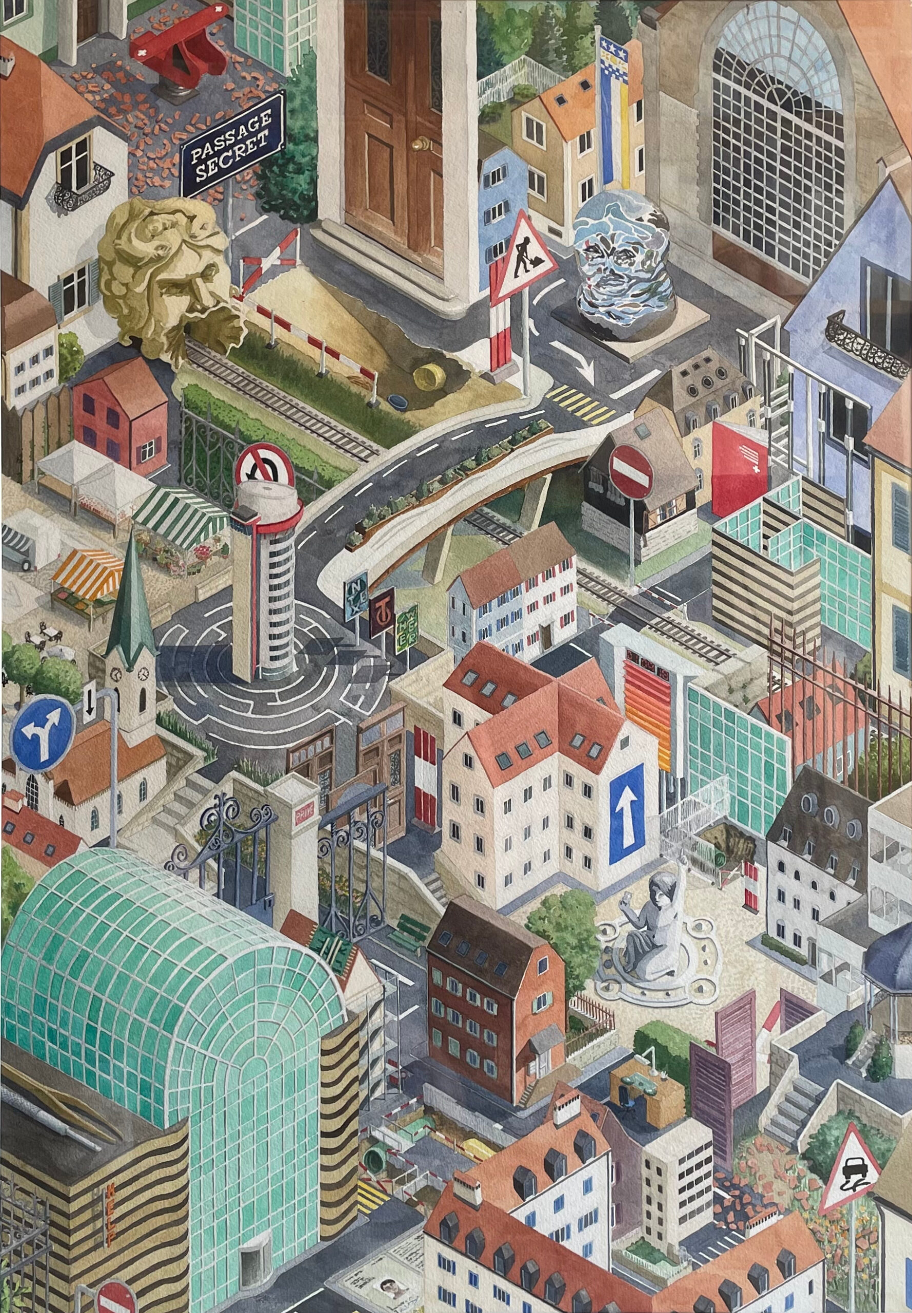 Une grande peinture à l'aquarelle qui comprenne du dessin isométrique et des symboles de La Chaux-de-Fonds, interprétés dans un style surréaliste.