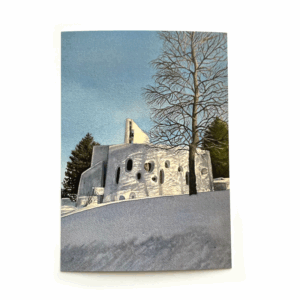 A postcard view of Temple Saint Jean, pictured in a snowy winter watercolour painting by artist Rebecca Tinguely
