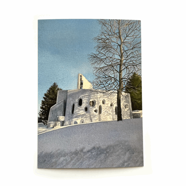 A postcard view of Temple Saint Jean, pictured in a snowy winter watercolour painting by artist Rebecca Tinguely