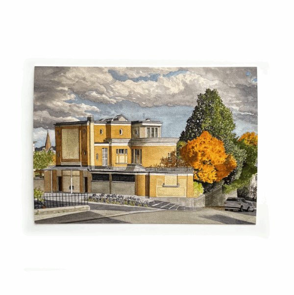 A postcard view of the Le Corbusier building La Villa Turque, pictured in an autumnal watercolour painting by artist Rebecca Tinguely