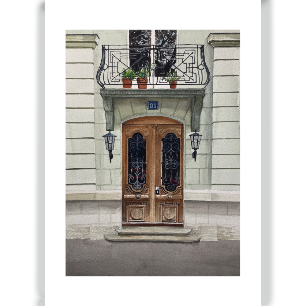 A4 print of a watercolour painting by Rebecca Tinguely, featuring a door with ornate iron balcony in La Chaux-de-Fonds.