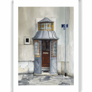 Peinture à l'aquarelle par artiste Rebecca Tinguely, d'une porte avec porche art deco.