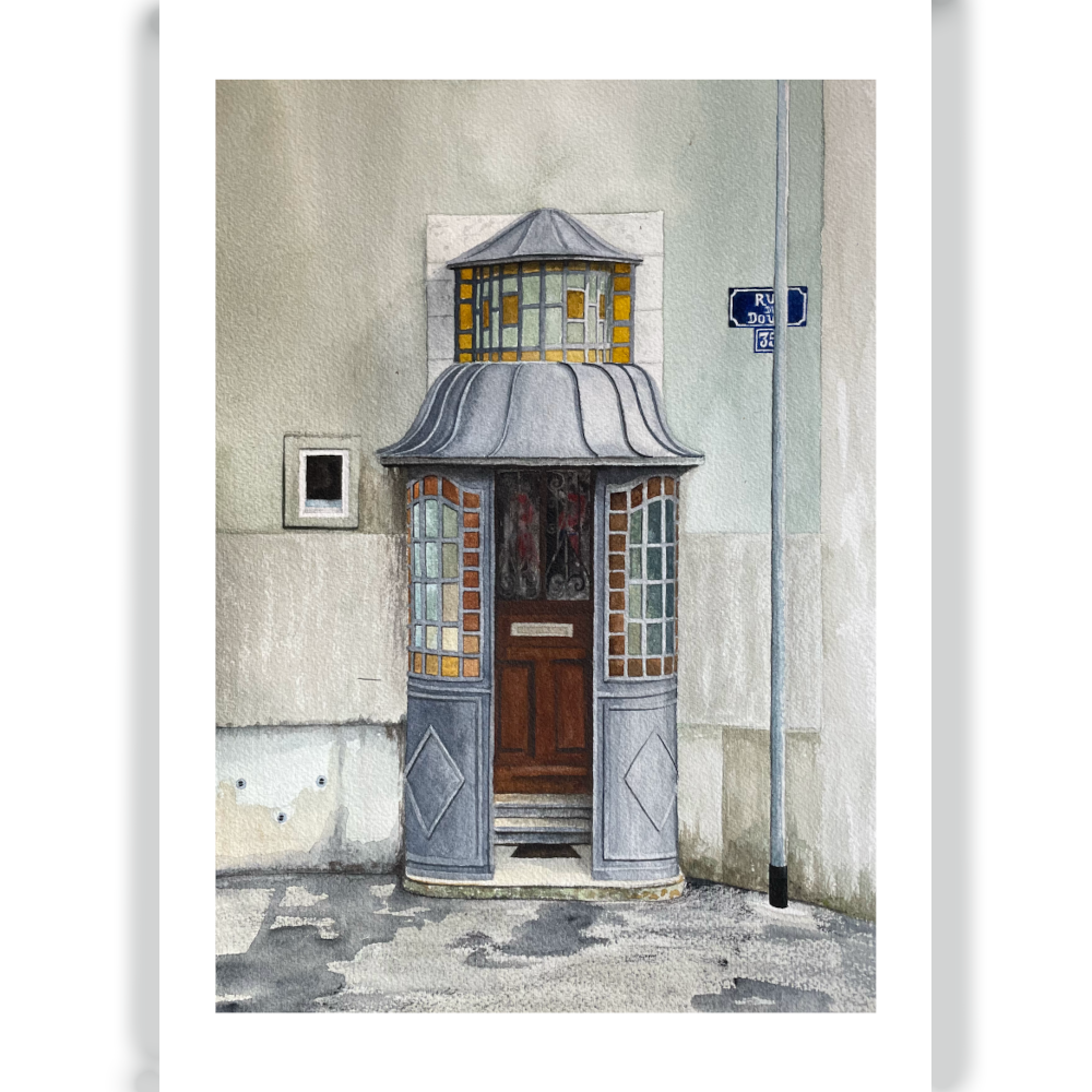 Peinture à l'aquarelle par artiste Rebecca Tinguely, d'une porte avec porche art deco.