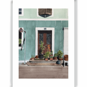 A4 print of a watercolour painting by Rebecca Tinguely, featuring a door surrounded with potted plants in La Chaux-de-Fonds