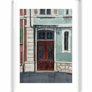 Peinture à l'aquarelle d'une porte en bois à La Chaux-de-Fonds, entre des murs verts et oranges.