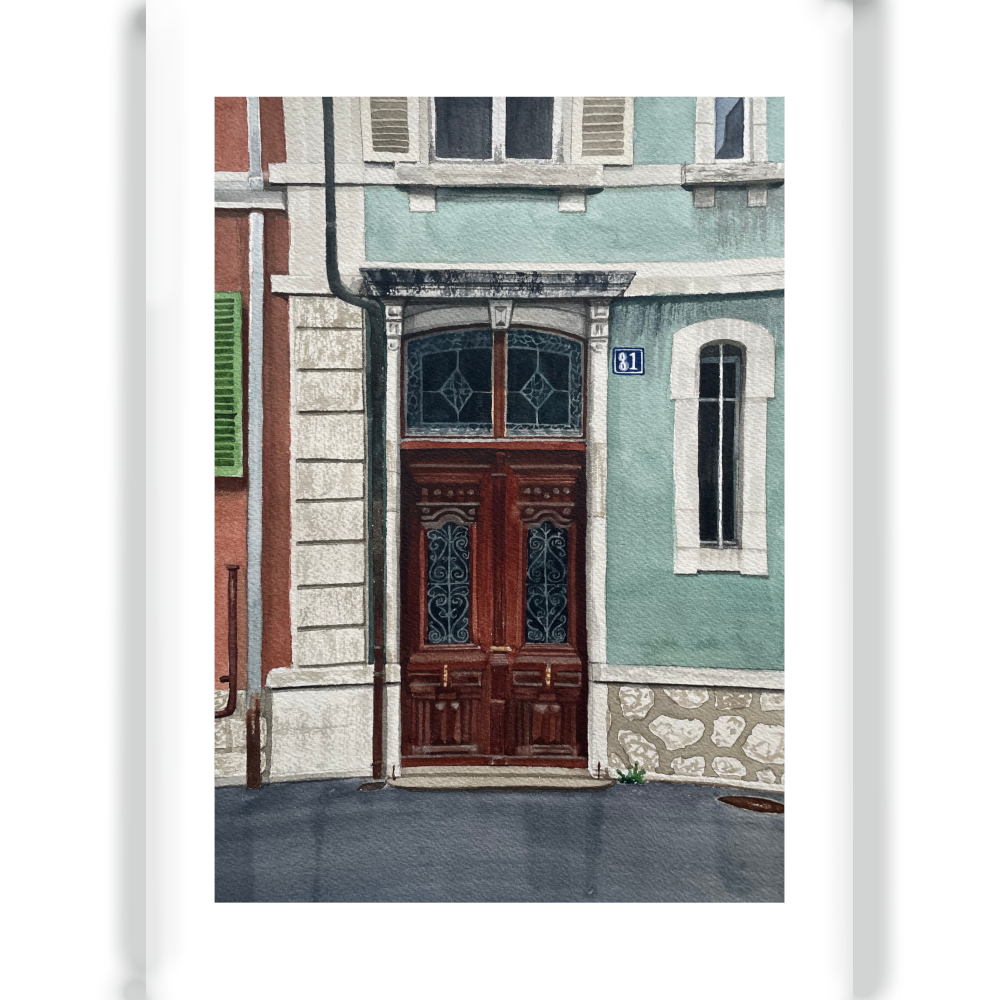 Peinture à l'aquarelle d'une porte en bois à La Chaux-de-Fonds, entre des murs verts et oranges.