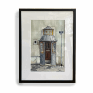 Peinture à l'aquarelle d'une porte en bois à La Chaux-de-Fonds, entre des murs blanches, avec une porche dans le style art nouveau. Encadré en noir.