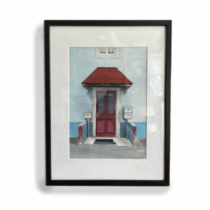 Une peinture à l'aquarelle d'une porte rouge et une porche rouge, contre des murs bleu. Le tableau est encadré en noir.